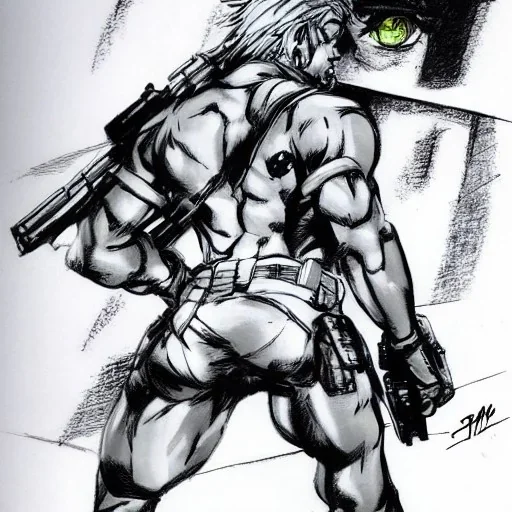 Solid Snake, in Style of Jojo's Bizarre Adventure, Manga Drawing, by Jim Lee