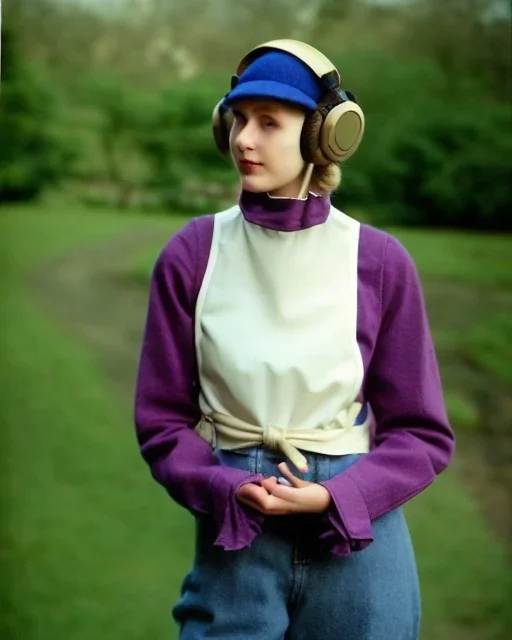 Everything she wear is in the image. of young woman, plum-blue-magenta-camouflage. She wears mantel and simple blouse.Felt cloth visor with tippet. SMALL FELT CAP is merged to Old AKG headphones with recognizable Golden rings! cloth materials are denim and felt cloth mixed. Fashion 1990's. Colors: Cream white, zinc plate, red ochre, ochre, orange - all mixed. Thick tights. Thick calves. She is in figure from top to toe.