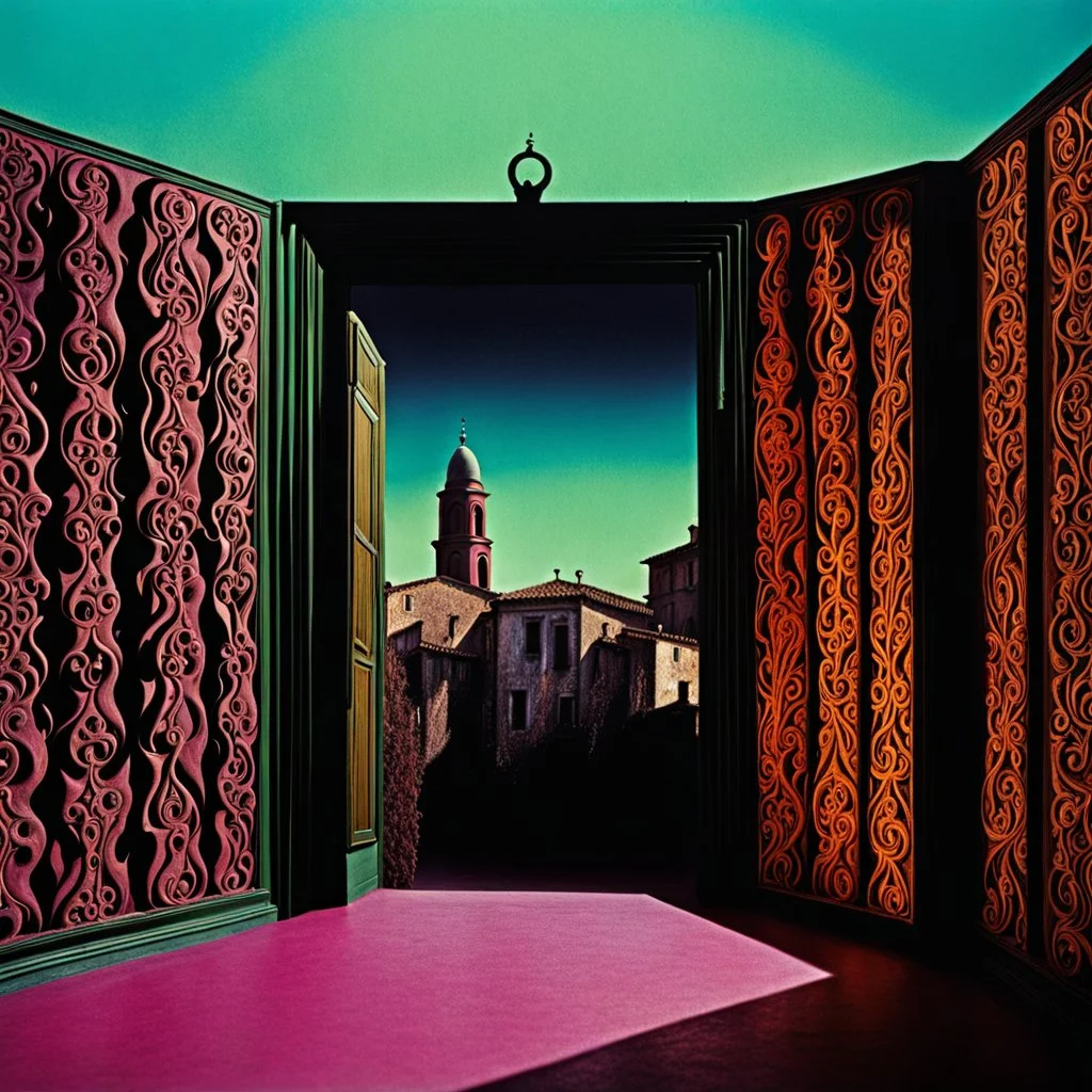 Strong texture, photorealism. Intricate patterns, hypermaximalist. Surreal, eerily mysterious, pastel colors. De Chirico, Italian horror, Dario Argento. Movie shot, spooky horror. 1970's Italian movie. 33mm photography.