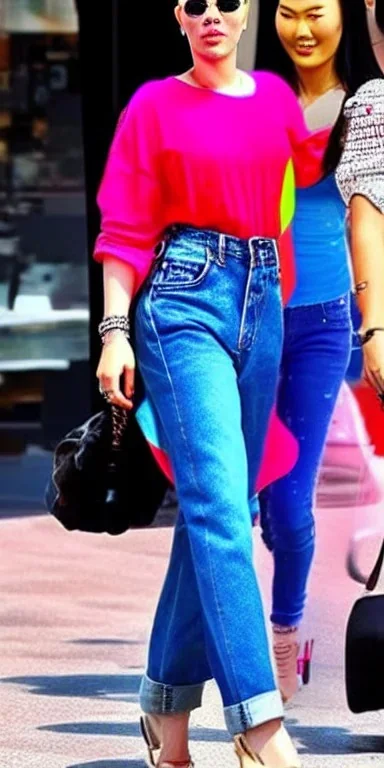 baggy jeans. Fashion colors 2023. Scarlett Johanssen and Asa Akira, shimmer. Blocks of fashion colors in the background of the image. Cool fashion outfit for the year 2023