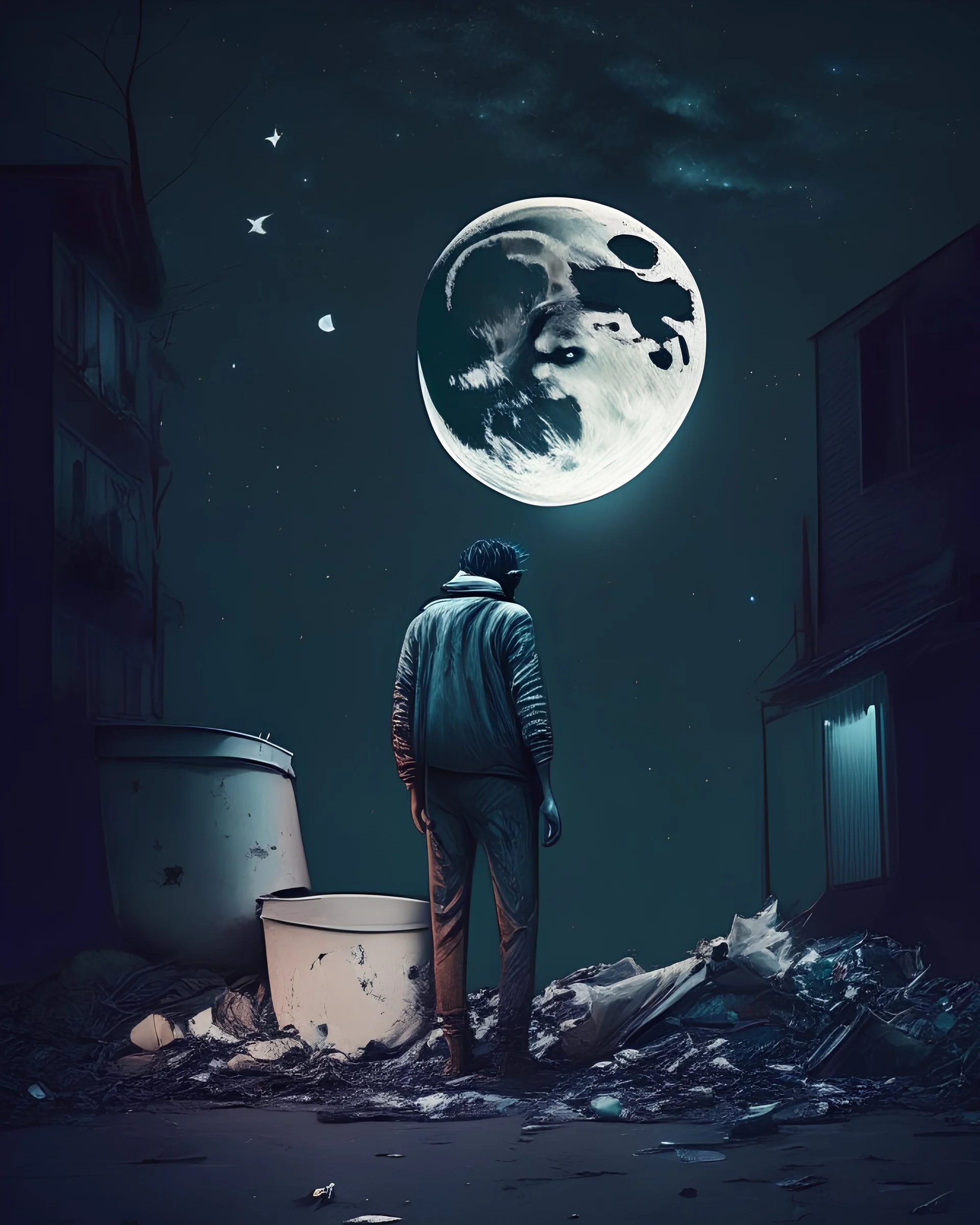 A man and garbage and a night moon