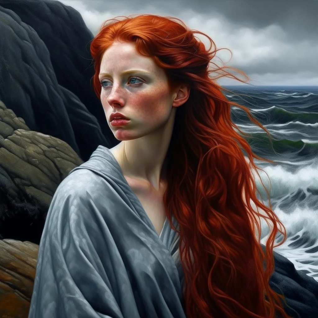 Gorgeous fine laced-drapped beautiful forlorn woman with red hair, hyper-realistic eyes her body looking out to sea with her arms covering her upper body, her iridescent body shimmering in the low rainy light sky hyper-realistic portrayal, long flowing hair cascading elegantly, walking amongst the rugged rocks and waves crashing dramatically against her boy hyper-detailed oil on canvas, reminiscent of old Masters' style, wallpaper and poster art, highly intricate photography, rich colors of, sof