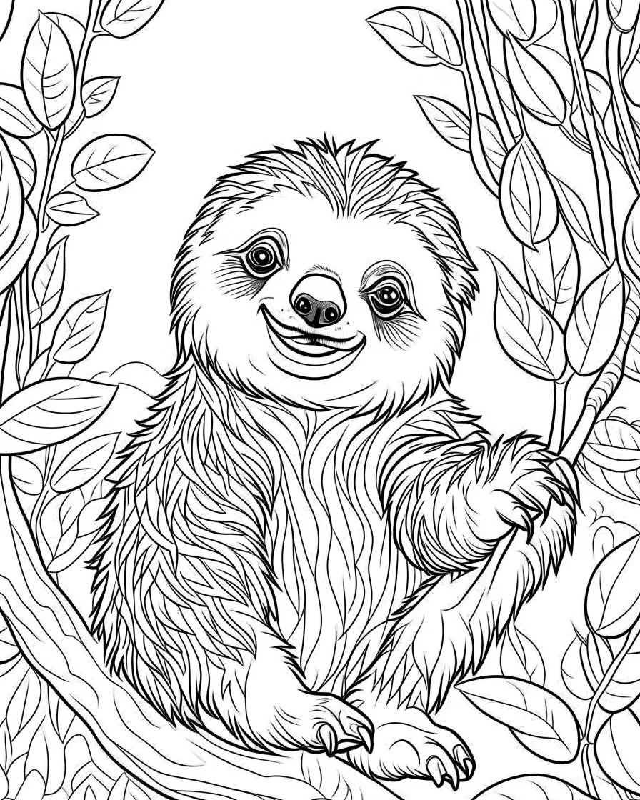 create a 2d black outline, "safari smiling cartoon sloth on a branch coloring book for kids", coloring page, low details design, black contour, coloring page design, simple background, colorful , card style, coloring page for kids, white background, sketch style, safari landscape, cartoon style