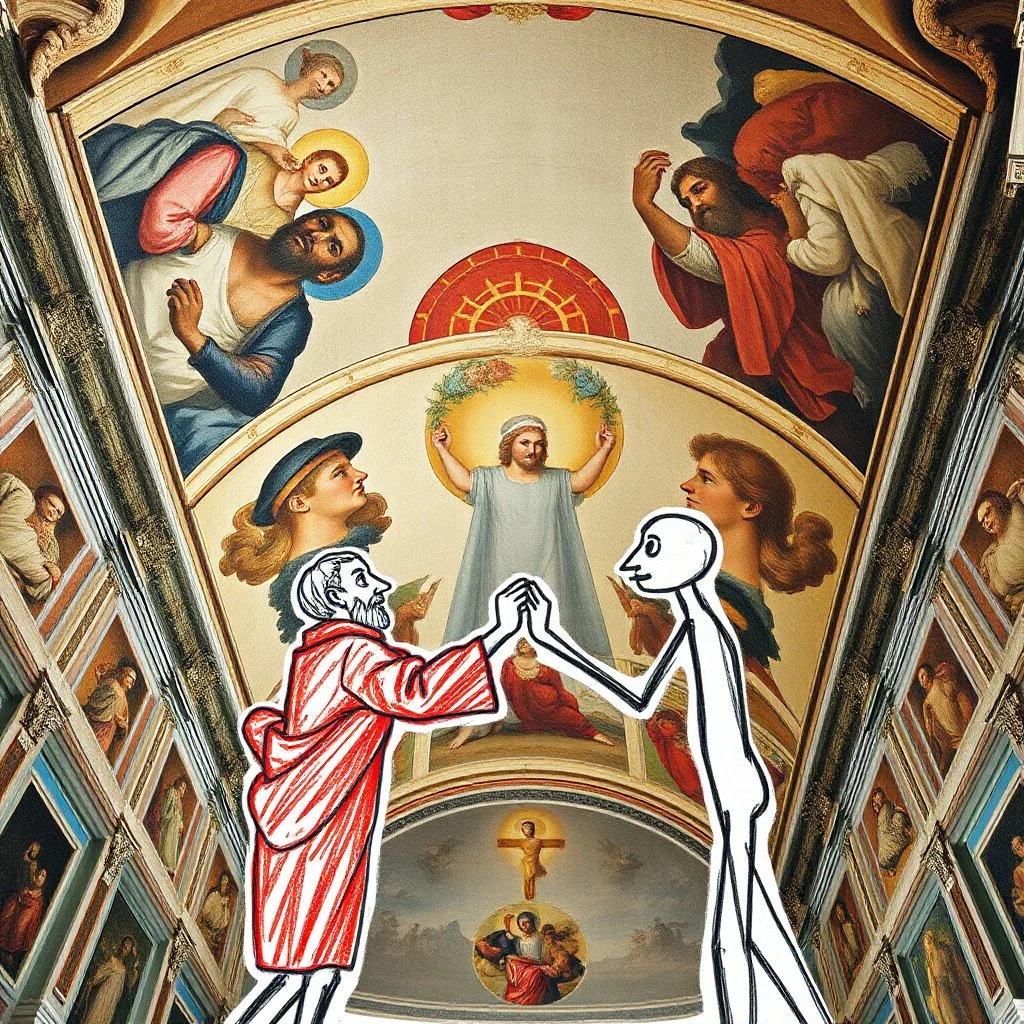 photograph of the roof of the Sistine chapel, but the mural is now a crude crayon drawing of two stick figure old man touching fingers with each other, stick figure drawing, concept art, hyperreal