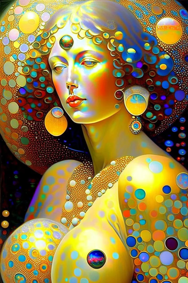 Behold a magnificent specimen of femininity a lady whose iridescent orbs are unparalleled in their supreme breathtaking loveliness with each individual orb a work of art possessing a unique and aweinspiring hue, multicolored patterns on her skin, styled after gustav klimt's "golden phase, " the lighting is warm and soft, with a hint of sunlight filtering through a window, emphasizing the lavish details of the painting, digital painting created using stable diffusion, with inspiration drawn from