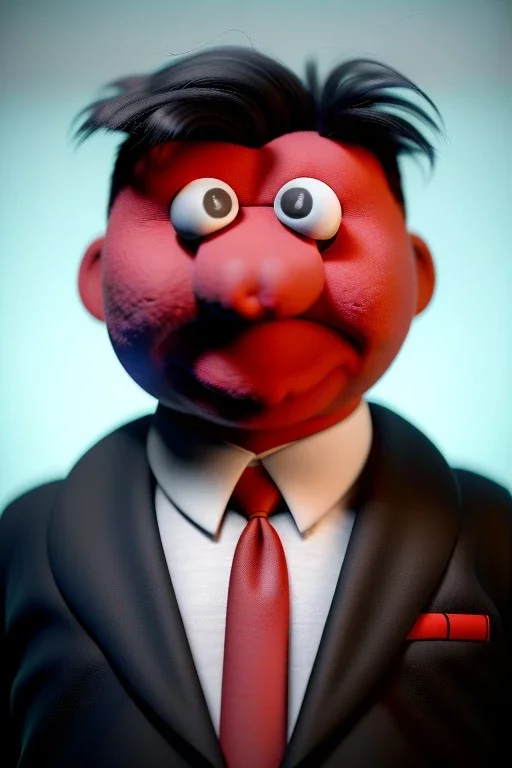 Waist up muppet Portrait, Kim Jong-un muppet doll, black suit, photo studio, red background, unreal engine 5, concept art, art station, ray tracing, lumen lighting, ultra detail, volumetric lighting, 3d.