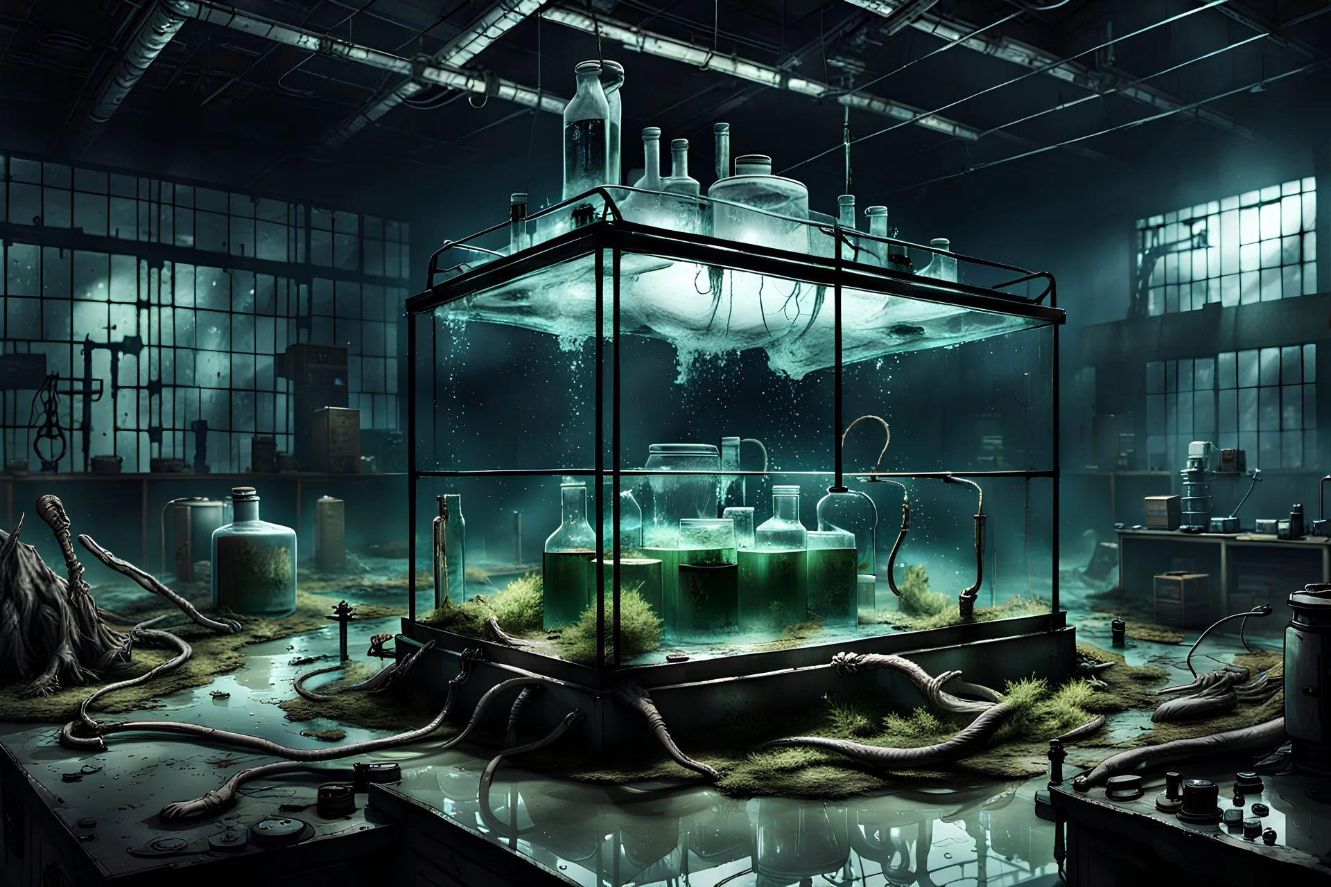 abandoned lab, a large glass tank filled with water and an experimental ghoul, post-apocalyptic style, night