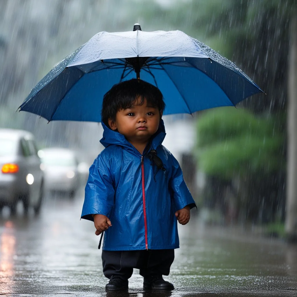 he has an umbrella of good size under the rain