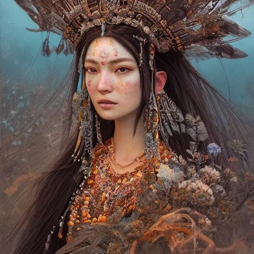 Insanely detailed photograph of an “portrait of gorgeous native goddess ” with intricate hair, intricate embroidered dress, beautiful clear face and hyperdetailed painting by Ismail Inceoglu Huang Guangjian and Dan Witz CGSociety ZBrush Central fantasy art album cover art,8K, hdr, romantic, mysterious, ominous, flowers, jewelry, comfort, natural eyes