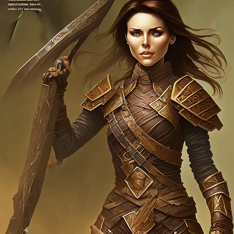 dungeons and dragons, female human, druid, brown hair, brown eyes, full body, realistic face, short hair, hair tied back, large nose, closed mouth, leather armor, face scars, tan skin