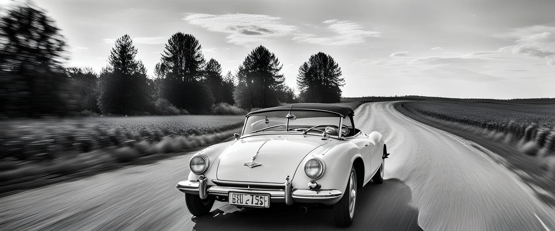 black and white photography of a two elegant woman driving away in cabriolet vintage european car lost in countryside