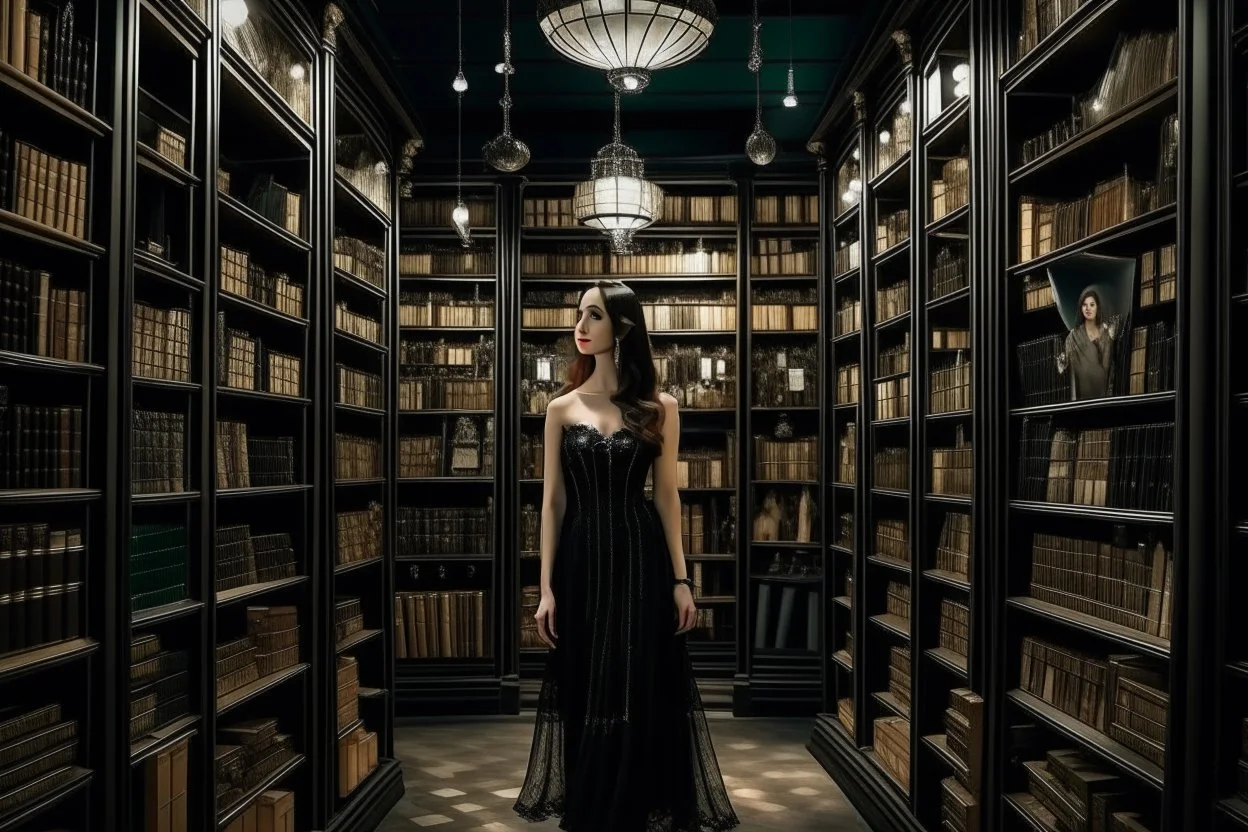 full-height shot of a woman in a tight black dress, inside a large magic book shop, shelving, lights, books, bottles, windows