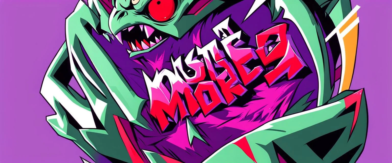 monster more angry and more 90s style, angry fast, extreme, wild, so so angry, red and purple background with 90s style slashes, 45 degree angle, ferce,
