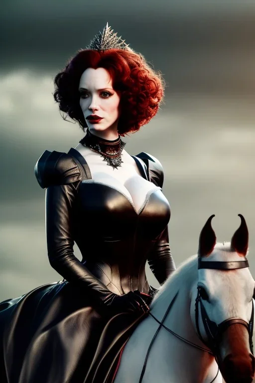 christina hendricks as evil queen in black leather gown on a horse, angry, stern look, volumetric lighting, particales,highly detailed,cinematic, deep colours,8