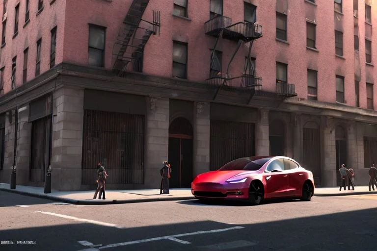 A Tesla 'Model S' is parked, near the building of the 'Friends' series in New York. (CINEMATIC, WIDE ANGLE LENS, PHOTO REAL)