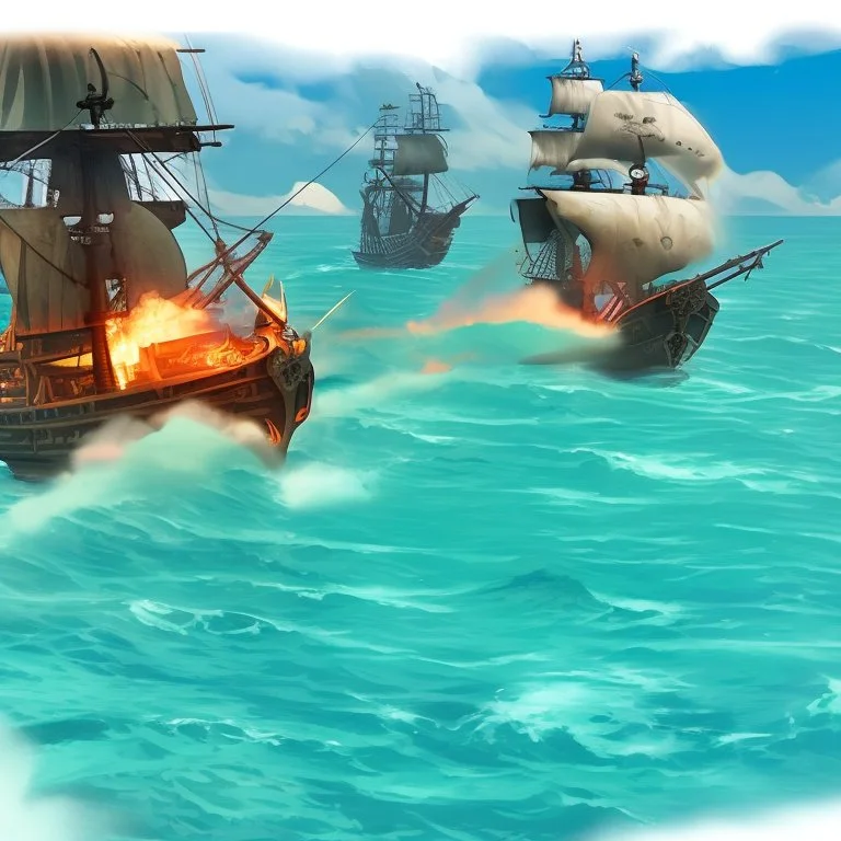 Two pirate ships fight each other at sea. Firing cannons.