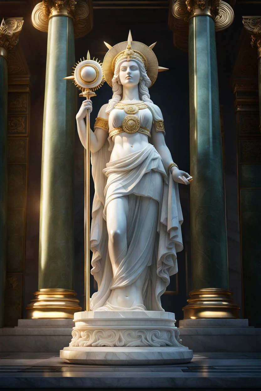 highly detailed marble and jade statue on a plint of the roman goddess of the sun. sun halo around head. beautiful face. beautiful legs. beautiful feet. full body shot, volumetric fog, Hyperrealism, breathtaking, ultra realistic, unreal engine, ultra detailed, cyber background, Hyperrealism, cinematic lighting, highly detailed, breathtaking, stunning temple environment