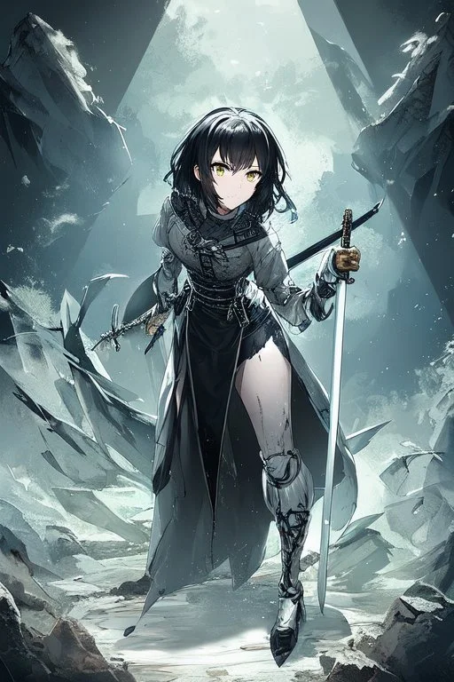 Anime girl with short black hair and sharp green eyes, holding a pike, full body black and white metal plate armour, full body shot, Dramatic lighting,1woman, soaked in blood, Warrior, standing pose, sword at the waist, close shot, lean body,