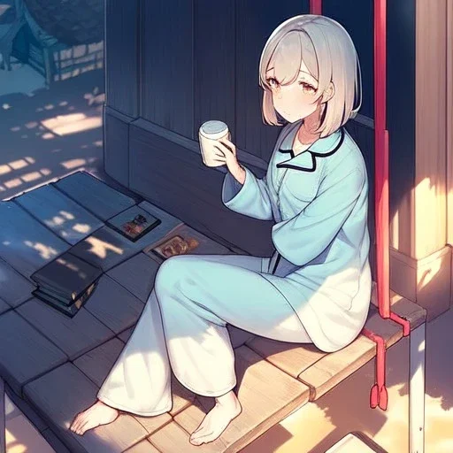 anime girl sitting on a porch swing of an old house, wearing pajamas, drinking a cup of coffee, writing in a book, shes watching it rain, more detail on hands and her face,shes deep in her thoughts