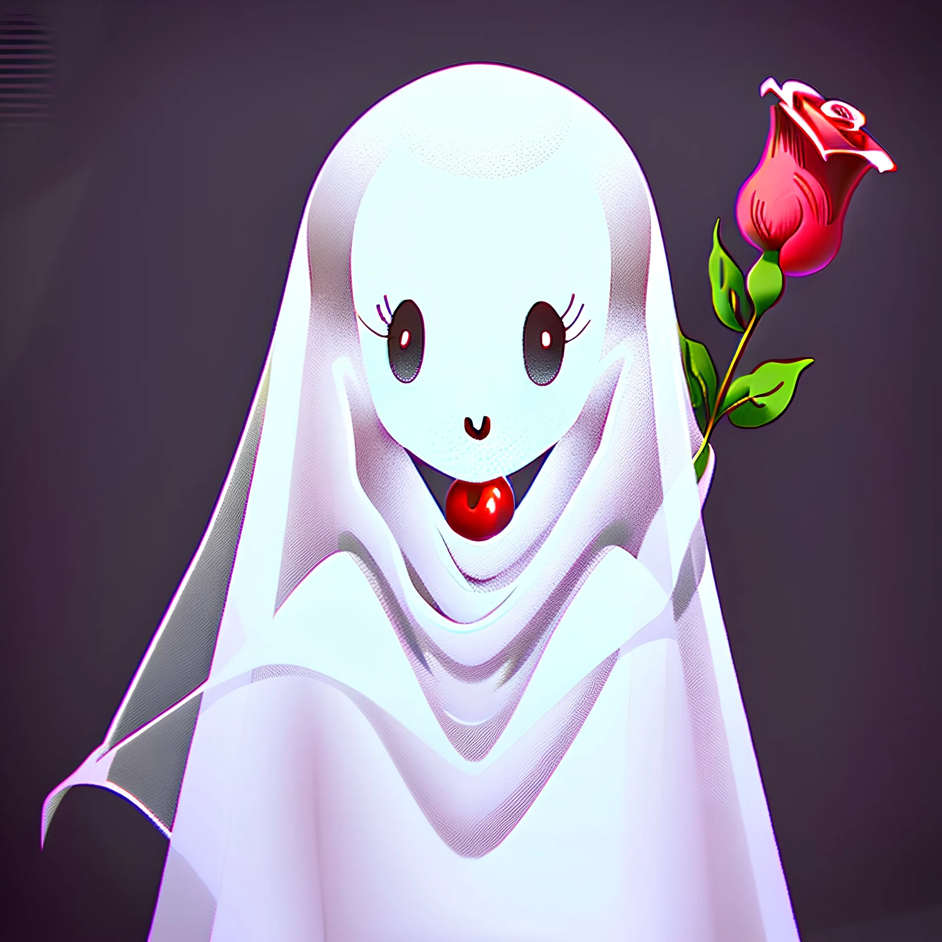 Vintage sheet Ghost animation, rubberhose drawing style, cute ghost with a rose alone on a street, cartoon art, hand drawn, cute horror, overexaggerated