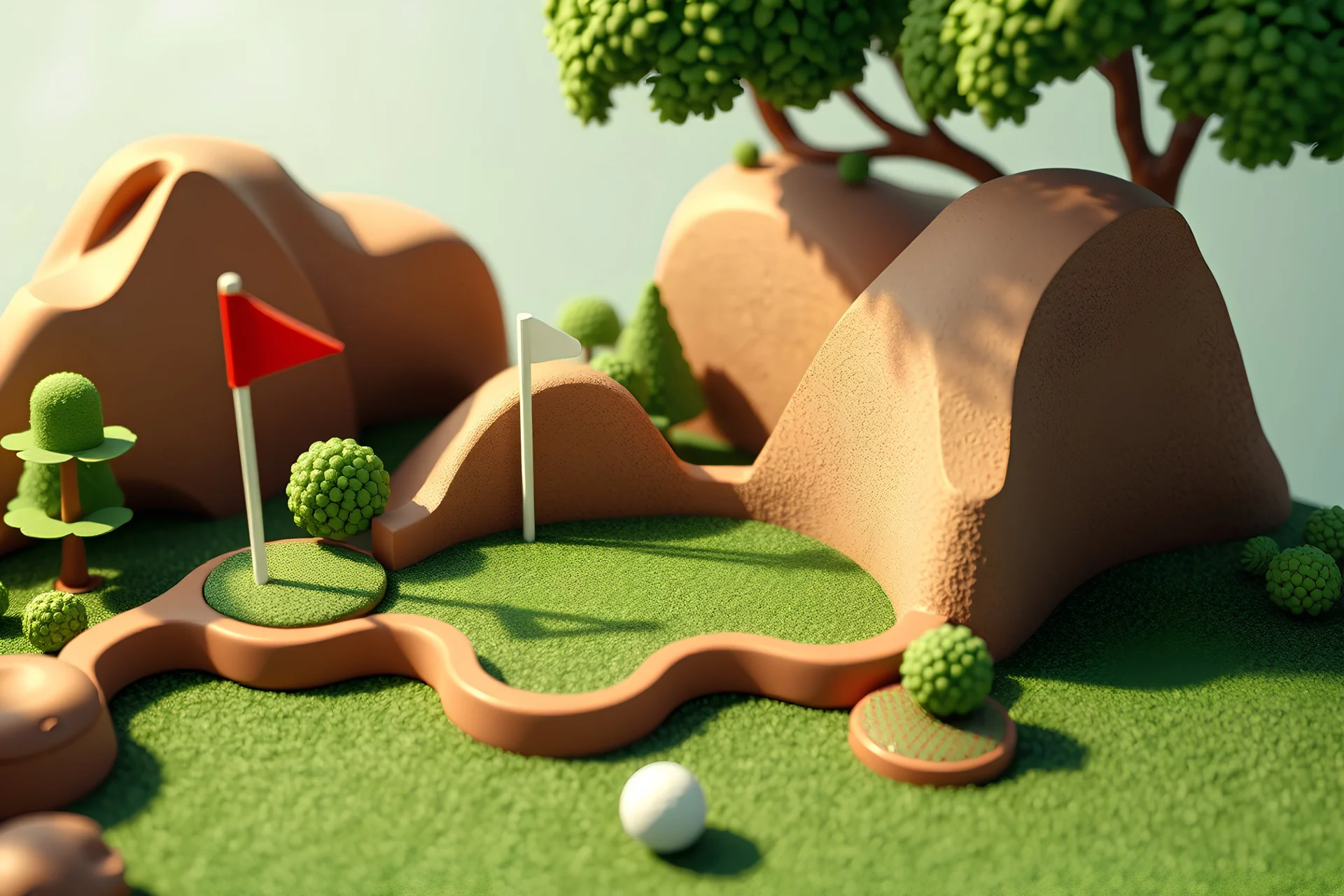 mini golf video game, clay textures, rendered in unreal engine, isometric camera view