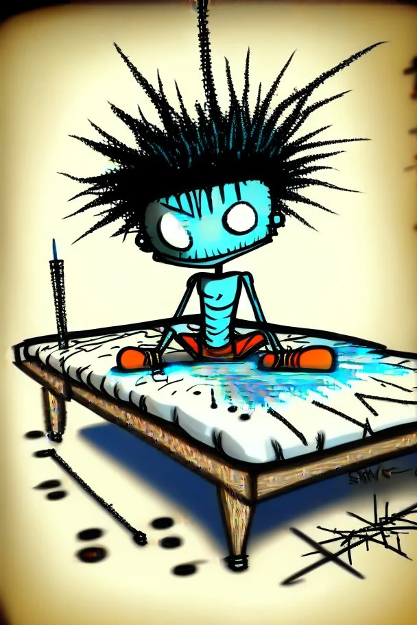 2d drawing of a stickman, cool with punk hair, x eyes like in hangman, laying down flat on somach on massage table,3d realistic in colour