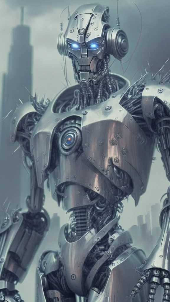 evil robot with silver body, robot army in the background