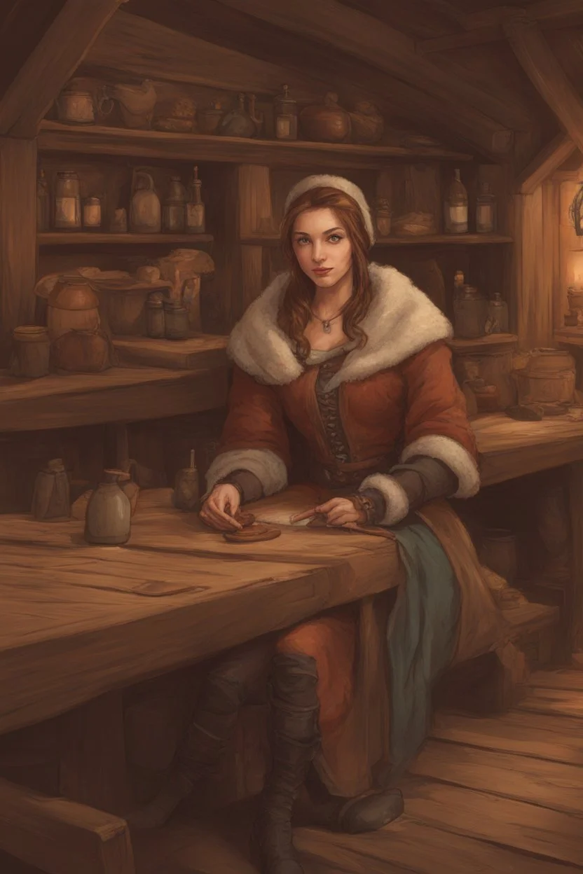 DnD style, medieval beautiful woman dressed in warm winter clothes sitting in a tavern