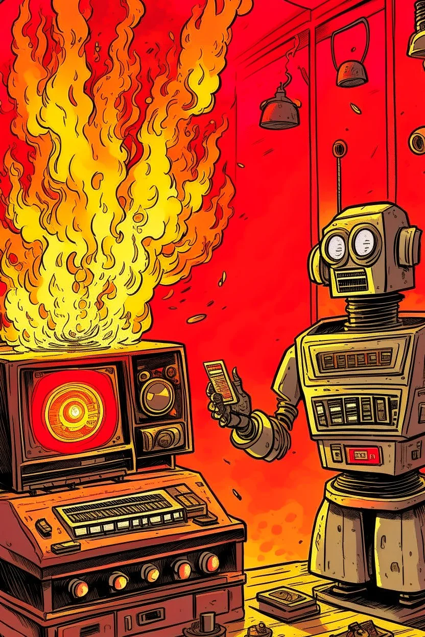 Fire starts in a radio studio, there are two characters, a metal fan radio host who continues the show, the robot sets fire.