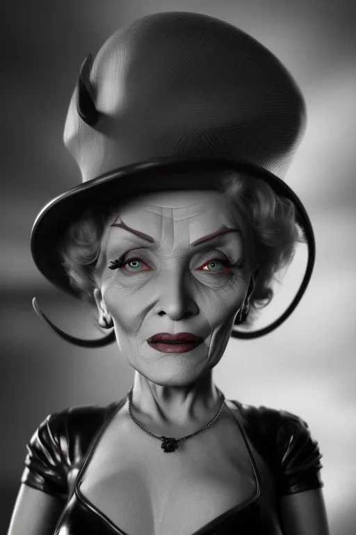 Marlene Dietrich as evil queen in black leather gown, angry, busty, curvey, cleavage, unreal 5, octane render,cinema4d, dynamic lighting, dramatic lighting, 4k, redshift render, highly detailed, hyper realistic