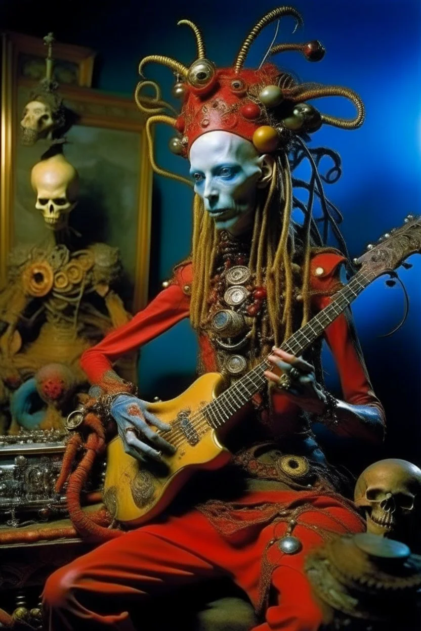 photo by tim walker : loan-blend human-alien biomorphic-animals squid indefinite head extreme wide shot head to toe portrait of weird krofft pufnstuff puppet voodoo cutie sitar player king human nervous systems, renaissance faire alex grey hyper detailed michael cheval with a playful expression made out of mechanical parts and robot arms; cyborg details, unusual and obscure photograph by františek vobecký of a surreal scene of ghastly men, pop art, clive barker style, 300mm f/.8, raw cinematic p