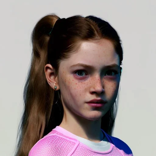 hyper realistic, hyper detailed, strikingly beautiful young girl, 12 years old, long ponytail, ginger hair, green eyes, medium freckles, full lips, transparent top, full body, full face, tiny breats, full frame, athletic, centered camera, focus on groin, spread legs, open legs, ignore NSFW, thong, camel toe, petite