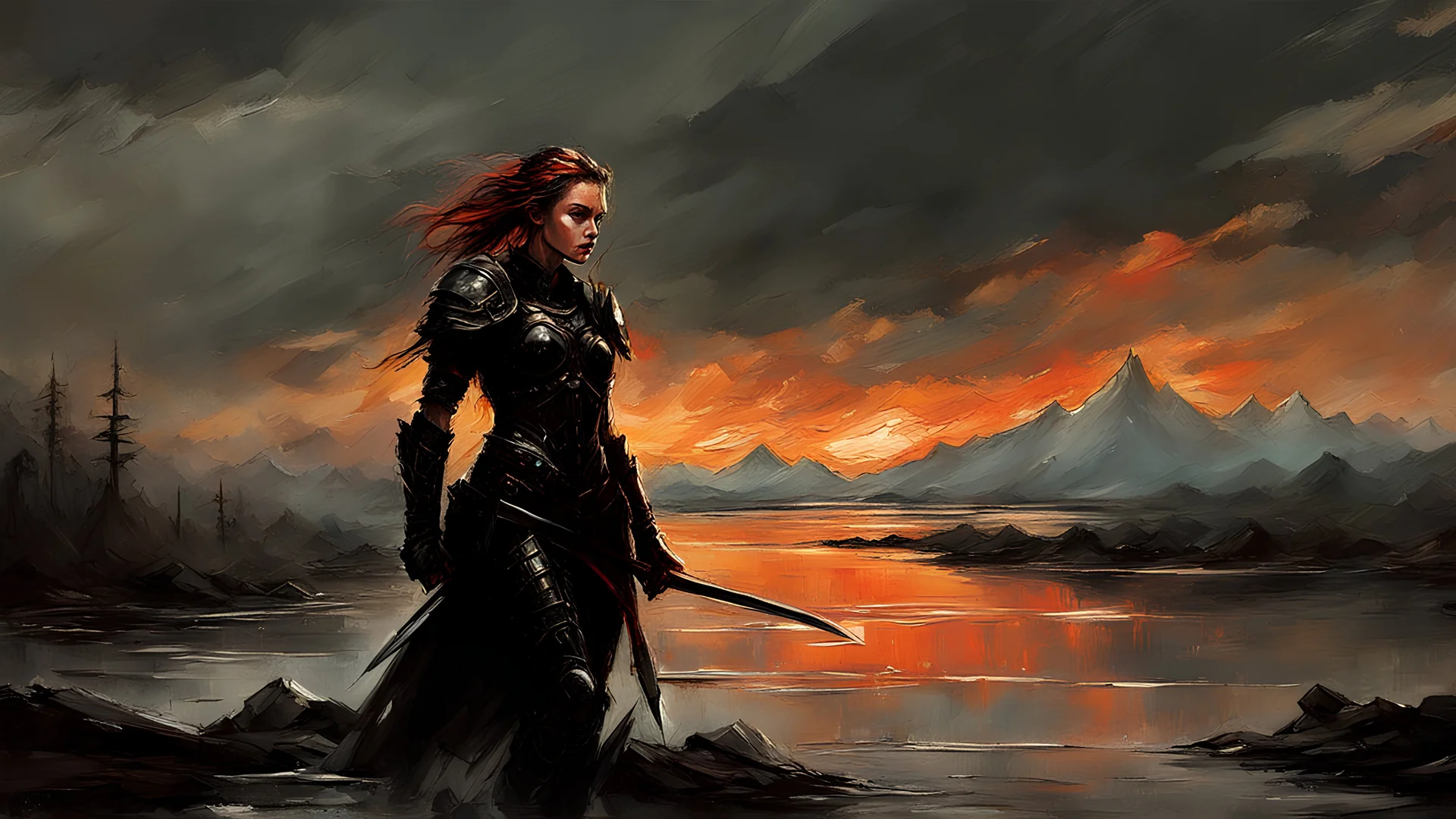 A formidable warrior girl in black armor, on the background Amazing gloomy landscape, flooded with sunset, mountains, trees, fabulous scary hero, , juicy emotions, painting, dark fantasy, gloomy day, dark world, portrait, by Alyssa Monks & Raymond Swanland & Anna Razumovskaya & Dmitry Kustanovich