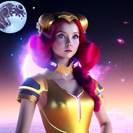 Galaxy teenage girl with red hair who is dressed like a space witch casting a lunar ritual, girl has starry features, background is realistic space renditions, rendered, unity 3d, unreal engine, dslr, hdr, 4k, edited