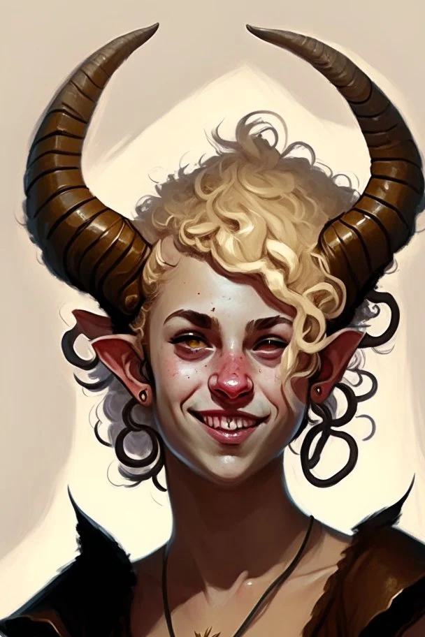 A young tiefling woman with a set of ram horns and a set of twisted gazelle horns on her head. Blonde, short curly hair, black eyes with no pupils, she is happy