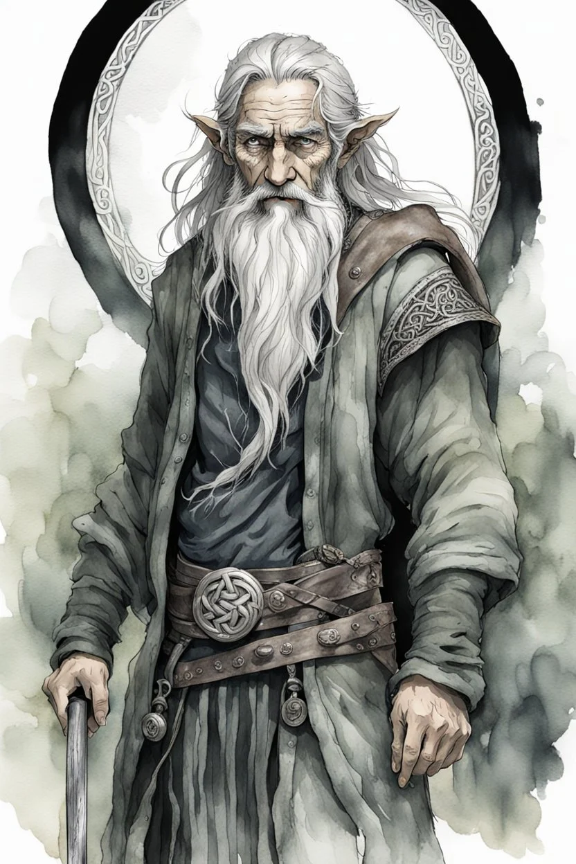 ink wash and watercolor illustration of an ancient grizzled, gnarled elf vagabond wanderer, long, grey hair streaked with black, highly detailed facial features, sharp cheekbones. His eyes are black. He wears weathered roughspun Celtic clothes, emaciated and tall, with pale skin, full body , thigh high leather boots and has a dark malevolent aura within swirling maelstrom of ethereal chaos in the comic book style of Bill Sienkiewicz and Jean Giraud Moebius , realistic dramatic natural lighting