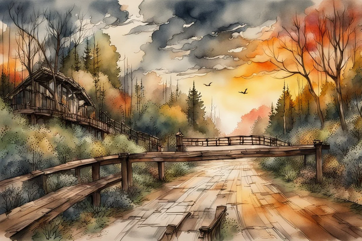 Urban sketch of a beautiful forest in ink and watercolor, storm clouds, full sunset, flowers, kurved path, old wood bridge, gull Modifiers: beautiful award winning