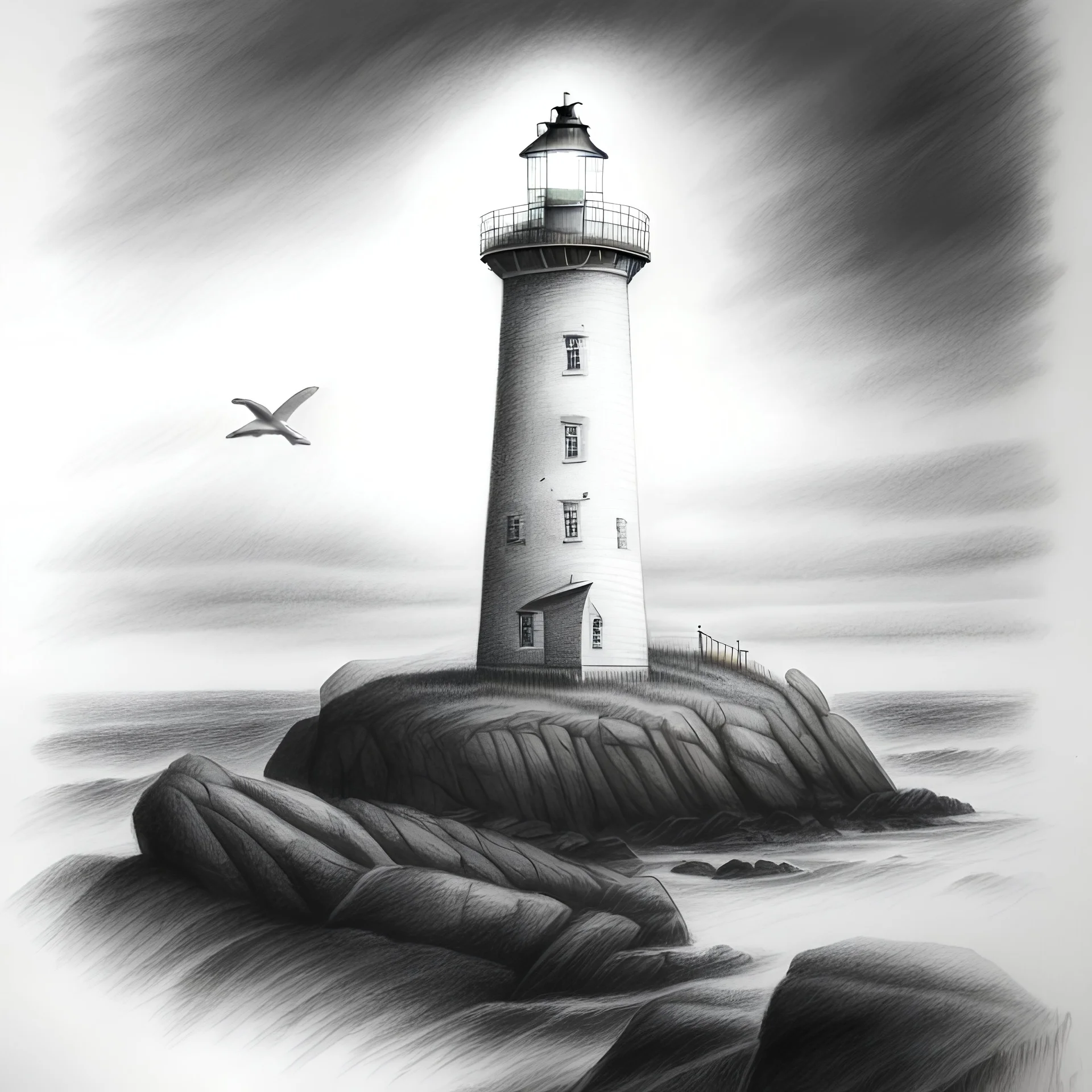 A graphite pencil drawing of the first light house of Norway, Lindesnes Lighthouse