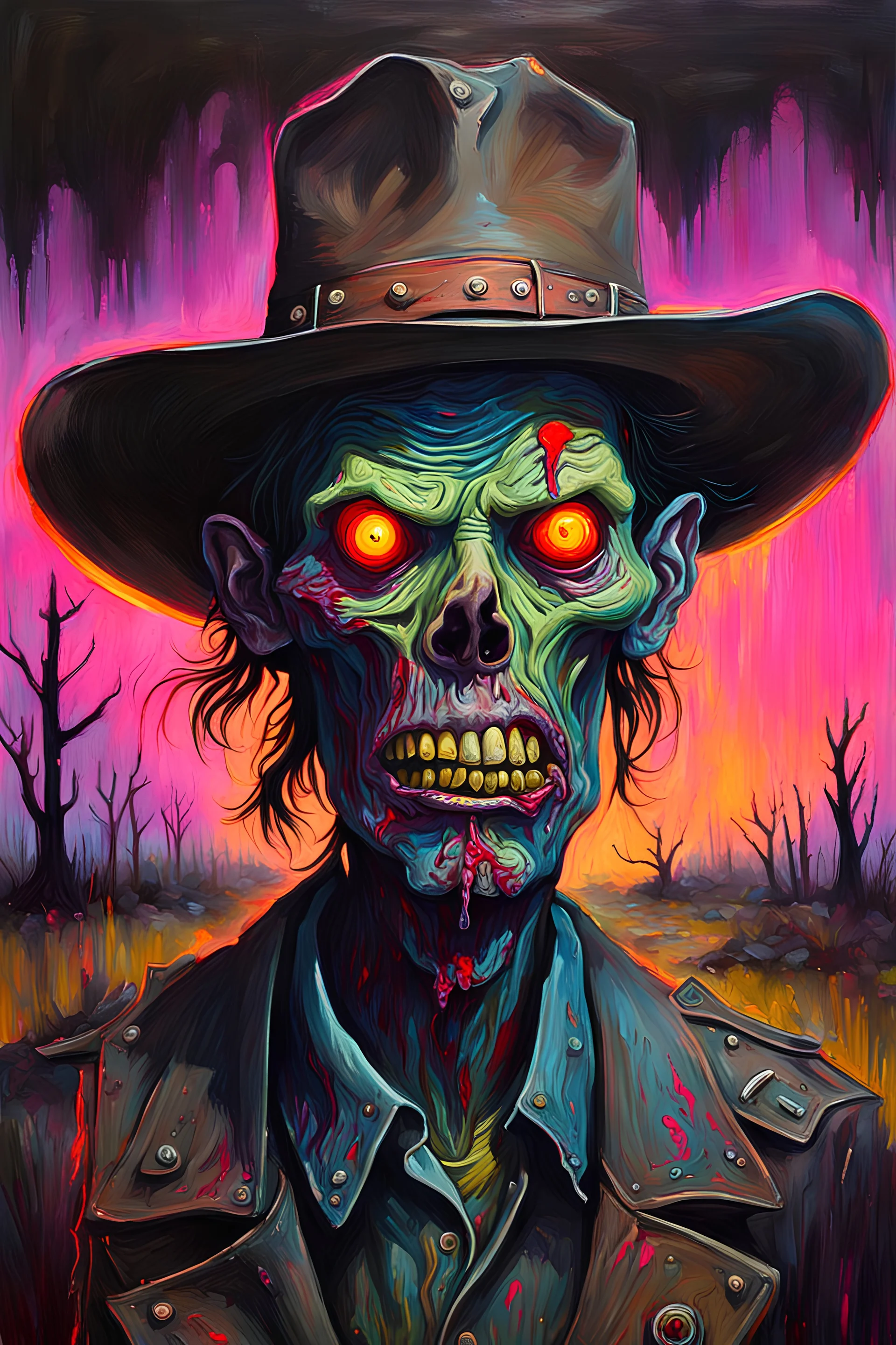 Portrait Zombie Cowboy Neon Glowing Eyes, (Eerie Bog:1.3), Highly Detailed, Oil Gouache, Expressive Brushstrokes, morbid, macabre, colorful