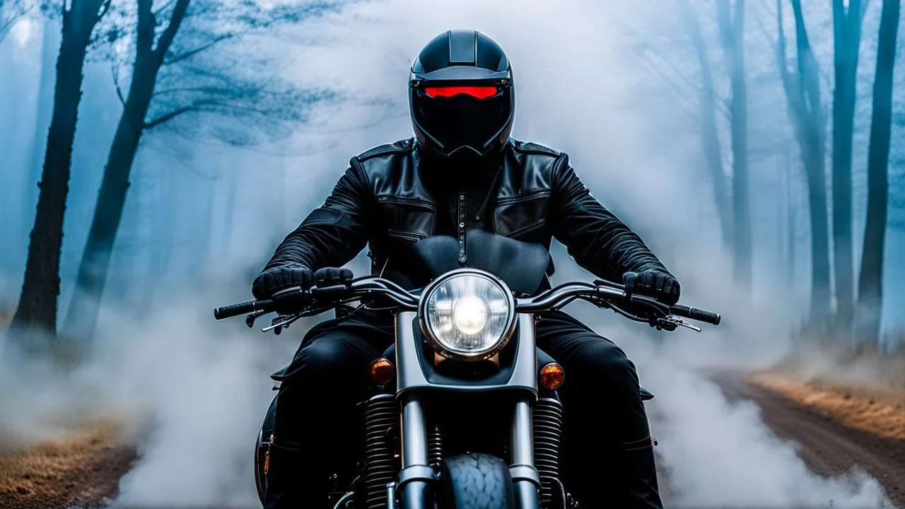 The photograph of a Knight Rider person dressed in a black motorcycle cloths riding a motorcycle through a foggy atmosphere. The rider's face is obscured by the fog, the scene with mystery mood. blur background with fog, mystic, fantasy etheral mood