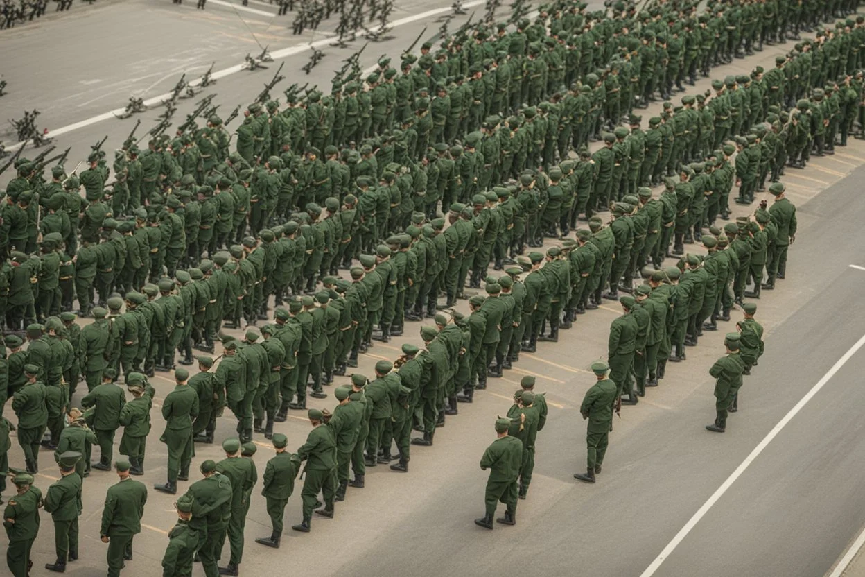 soldiers marching in formation; facing away from camera; military parade; tight formation; shoulder to shoulder; marching along a street; green uniforms; medals and insignia; weapons in hands; long distance perspective; birds eye view; large parade;