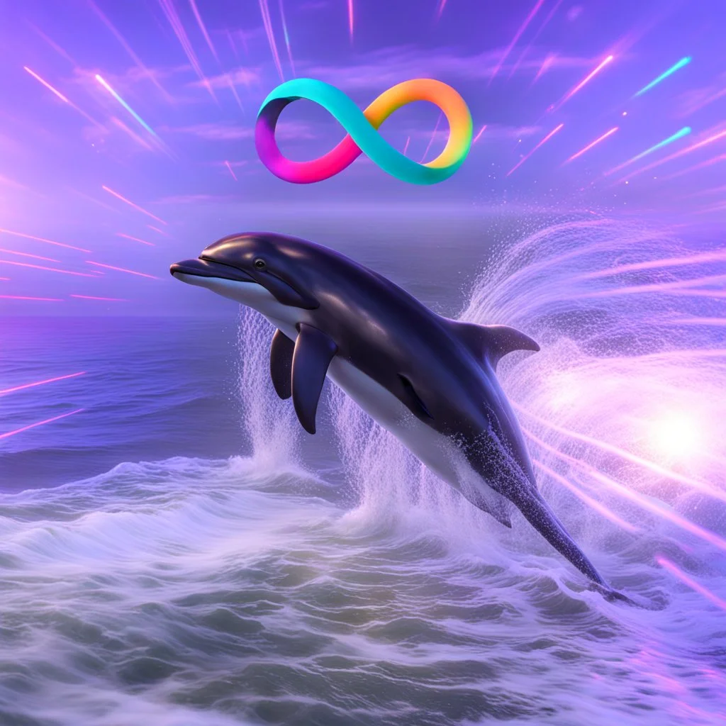 infinity symbol ∞ with vibrant powerful dolphin jumping out of the sea, striking, neon, chiaroscuro, dramatic, captivating, powerful, fantasy, beautiful, octane render, 16k post-production, artstation: award-winning: atmospheric: commanding: fantastical: clarity: ultra quality: striking: brilliance: stunning colors: amazing depth; lens: f/11, 35mm