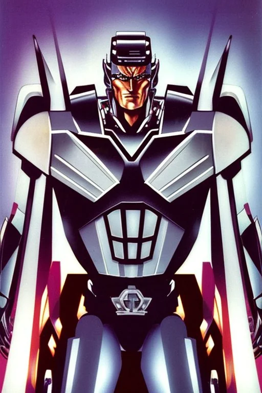 Fotoretrato de un transformer de 1980, debe ser algo decadente. Vibrante en colores, solo su cara es un retrato. Megatron.