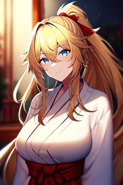 girl, masterpiece, best quality, cinematic lighting, detailed outfit, vibrant colors, perfect eyes, blue eyes, long hair, golden hair, messy hair, hair between eyes, depth of field, ray tracing, ponytail, miko,