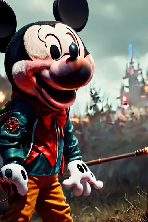 zombie mickey mouse hybrid, photorealism, movie screen capture, horror, sci-fi, retrofuturism,