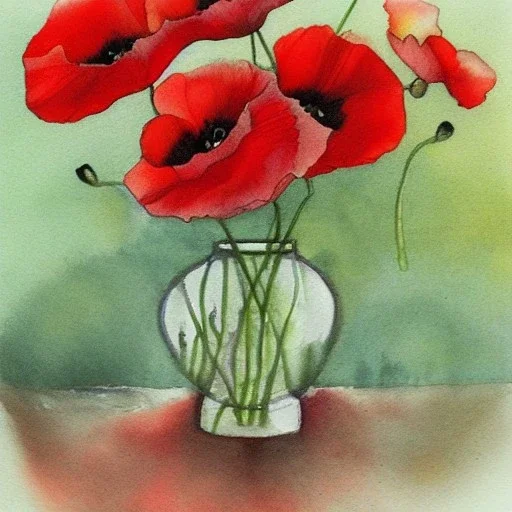 Red poppies in a crystal vase, void, aquarelle painting