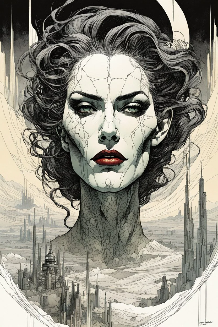 create a highly ethereal, darkly magical surrealist portrait illustration of the mother of vampires, Lamae Bal, with highly detailed and deeply cut facial features, in the chaotic, turbulent, otherworldly landscape of Coldharbour in the comic art style of BILL SIENKIEWICZ and JEAN GIRAUD MOEBIUS, searing lines and forceful strokes, precisely drawn, inked, and darkly colored