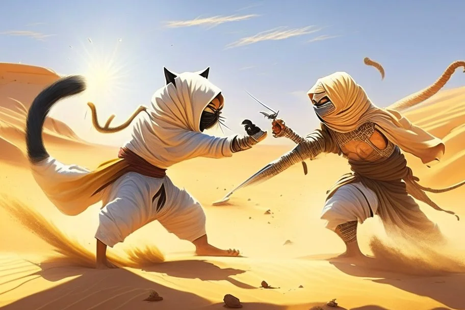 antropomorphic ninja cat fighting with a sheik in the desert in sunshine