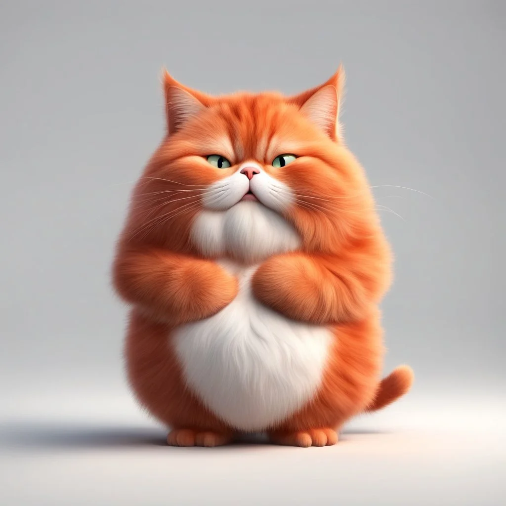 Fat cute red fluffy cat with belly, funny facial expressions, exaggerated action, praying, 3D character, white background, a little hairy, elongated shape, cartoon style, minimalism