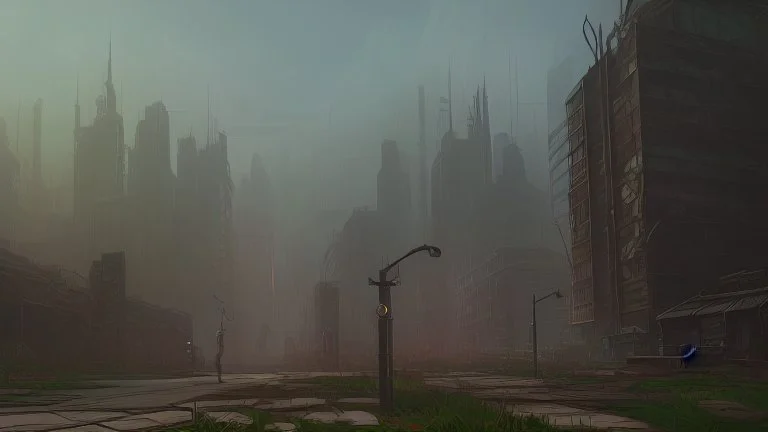 post-apocalyptic urban landscape with overgrown nature